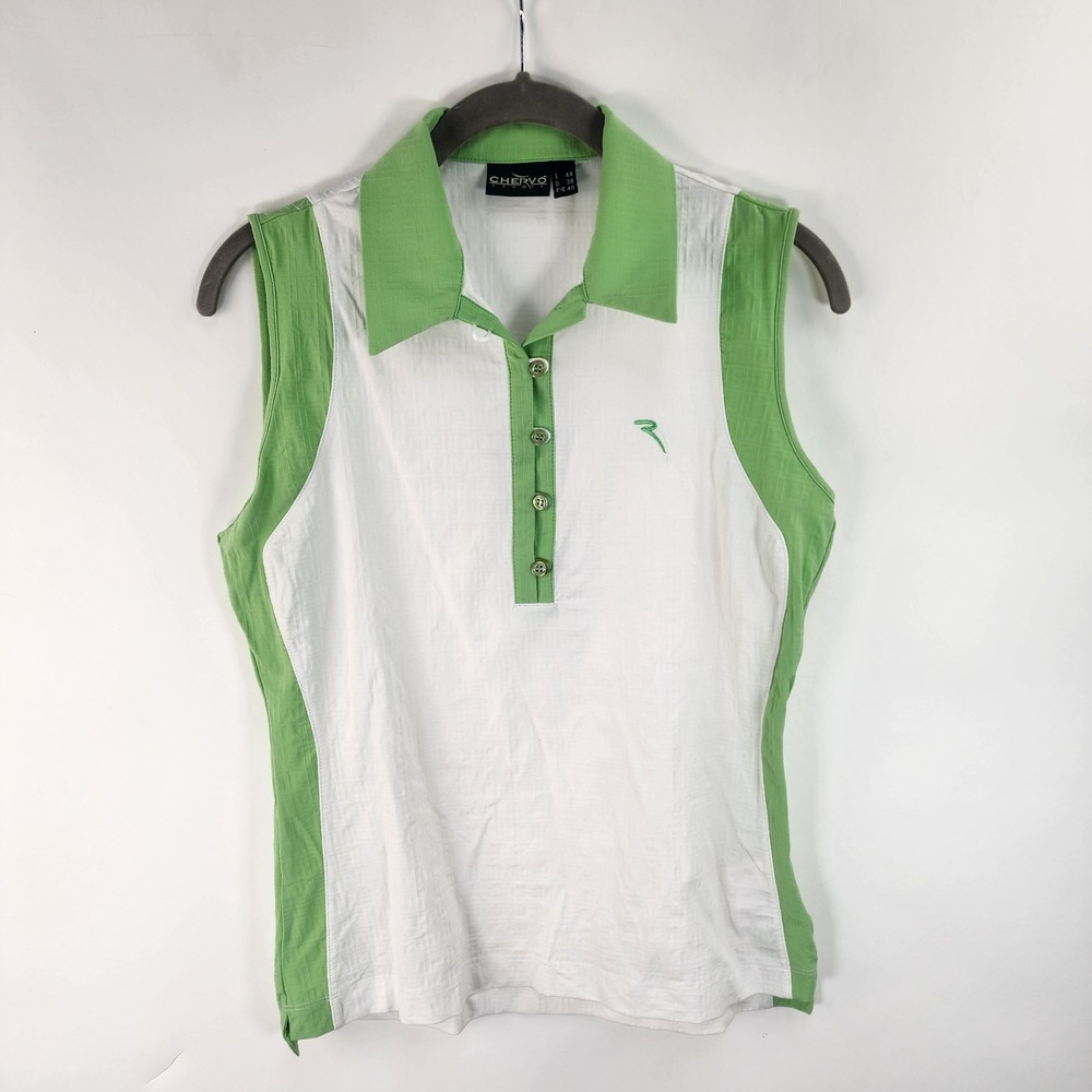Chervo Sports Sleeveless Golf Polo Top Women's 8 White Green Stretch Climatic